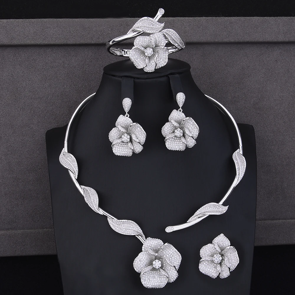 GODKI Newest Luxury Rose Flower African Necklace Earring Set Jewelry