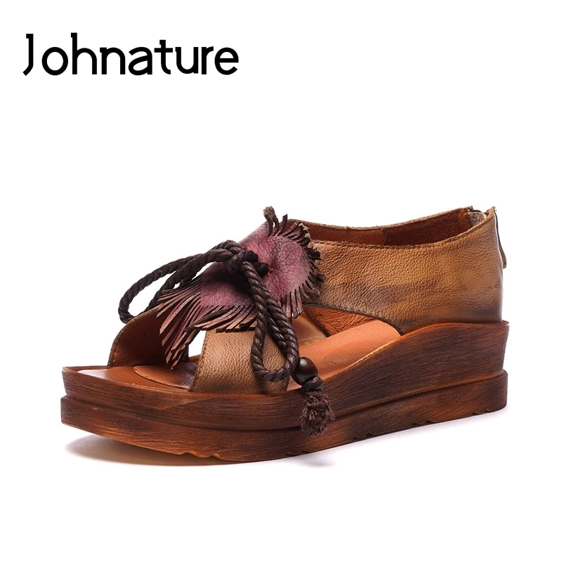 

Johnature Genuine Leather Zipper Basic Casual 2019 New Platform Sandals Retro Hand-painted Wedges Summer Women Shoes