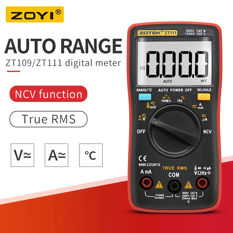 

Digital Multimeter Palm-size True-RMS 9999 counts Square Wave Backlight AC DC Voltage Current Ohm Auto/Manual ZT109/ZT111