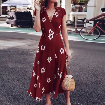 

Women Summer Long Dress 2019 Boho Style Floral Print Short Sleeve V-Neck Bandage Maxi Dress Women Beach A-Line Sundress Vestidos