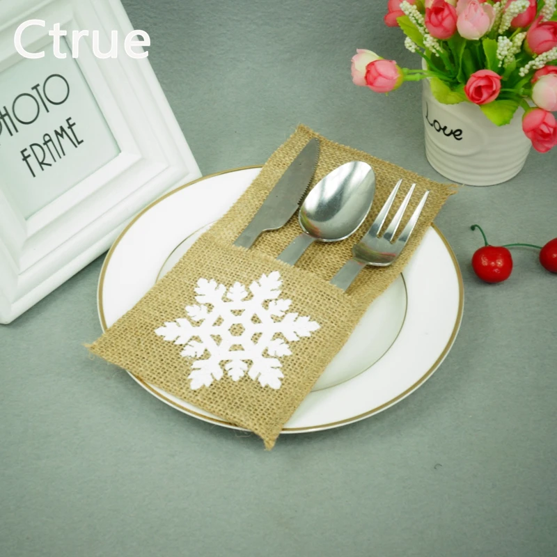 

10PCS 4"x8" snowflake Jute Hessian Cutlery Pocket Burlap christmas decoration Knife and Fork Cutlery Holder