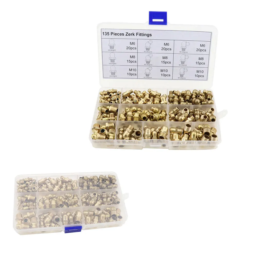 

135pcs Hydraulic Metric Brass Zerk Grease Nipple Fitting Assortment 45° 90° 180°