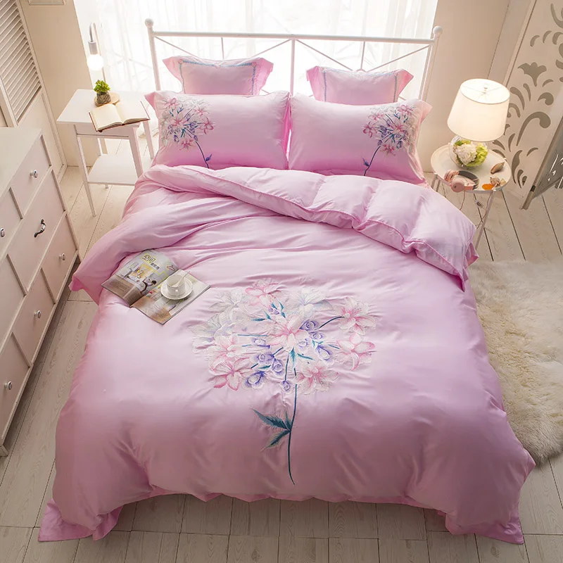 جديد 4/6 قطع دقيق التطريز مجموعة مفروشات للبنات نوم ديكور القطن المفرش غطاء لحاف الملكة الملك الوردي