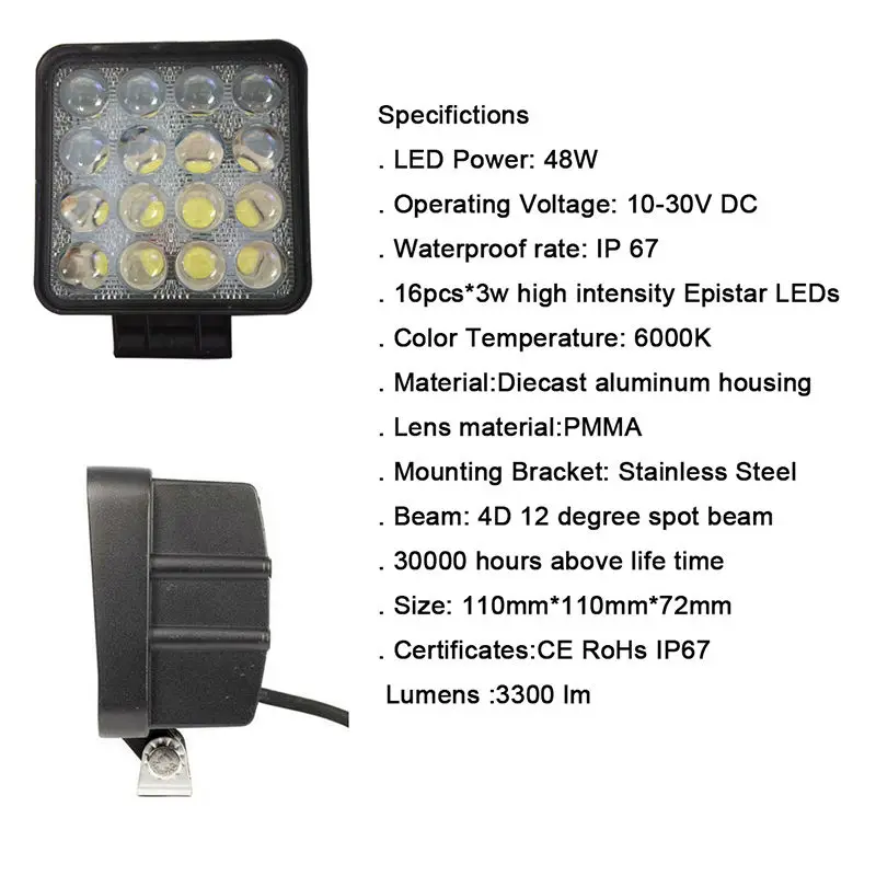 4 Tractor Car LED Headlight Work Lights Square Round 4inch 12V 24V 48W off road Flood Square LED Work Light Lamp for car Truck Vehicle Driving Boat 48W 4.5 inch LED Work Light Flood Driving Lamp for Car