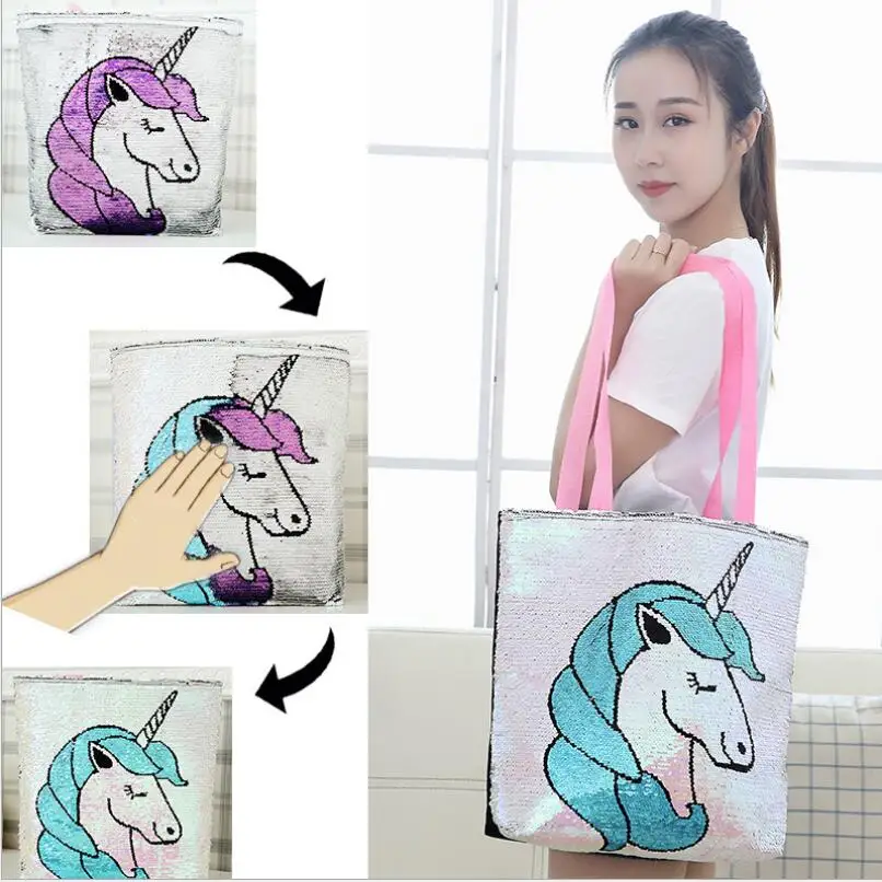 

INS hot selling unicorn style magic reversiable sequin bag with should straps flamingo and skeleton shopping bag for girls