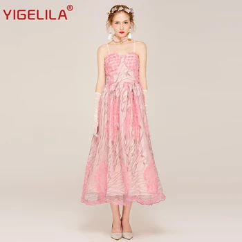

YIGELILA 62298 Women Pink Lace Embroidery Dress Fashion Summer Sexy Spaghetti Strap A-line Long Party Dress For Wedding
