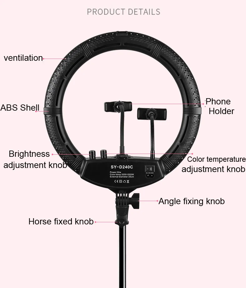 Фотостудия 1" кольцевой светильник светодиодный 2700-5500K 24W селфи видео светильник с регулируемой яркостью фотографический светильник ing с 200 см штативом