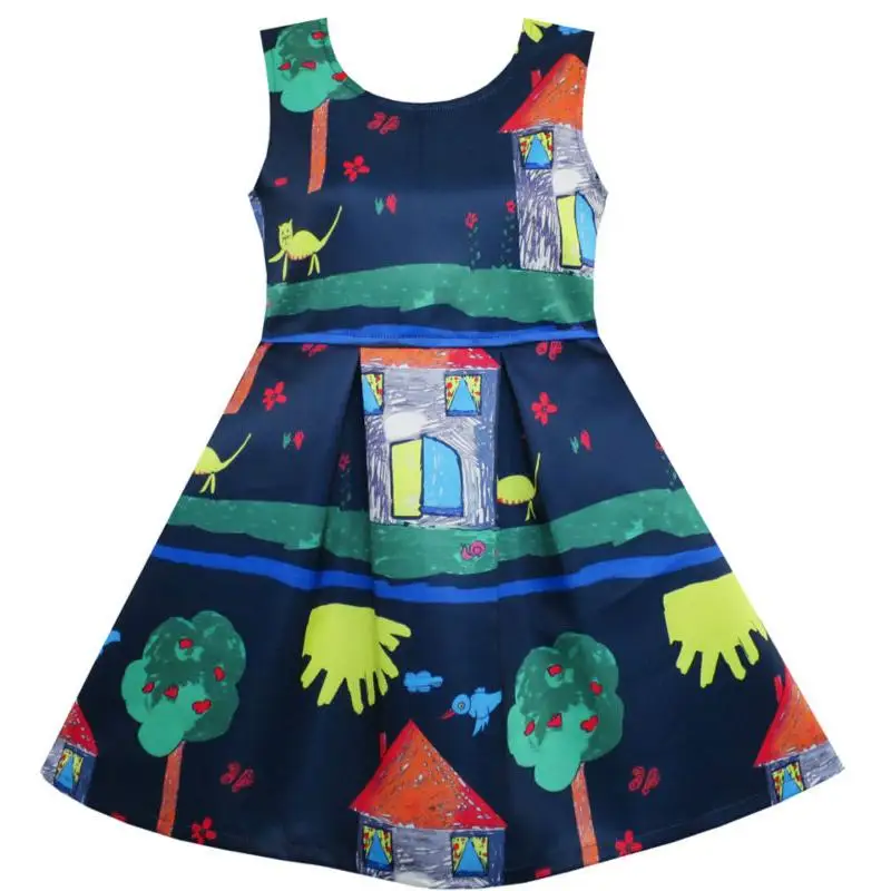 

Girls Dress Tree House Cat Butterfly Bird Flower 2018 Summer Princess Wedding Party Dresses Children Clothes Size 4-10 Pageant