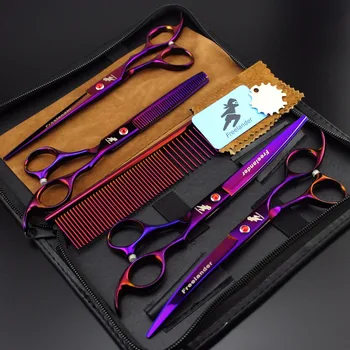 

Freelander 7.0 inch high-grade purple 4 piece combination pet scissors straight cut bending scissors set send row comb durable