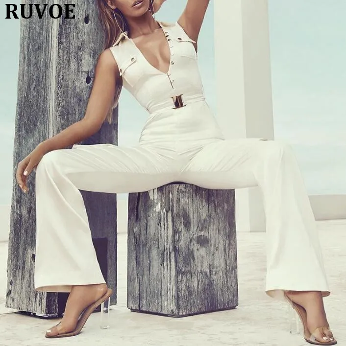 2018 New Arrival Fashion Women V-neck Elegant Jumpsuit Solid Brown Green White Sleeveless Summber Celebrity Party Jumpsuit FD-66