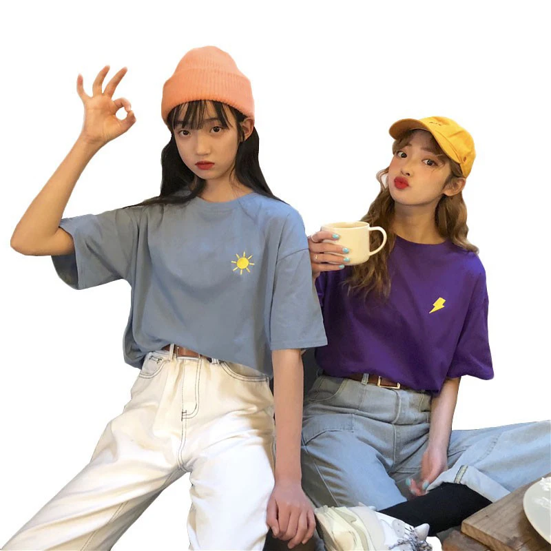 

Cute Sun Moon Cloud Weather Embroidery Female T Shirt Summer Grunge Shirts Women New Style Kawaii Loose Top