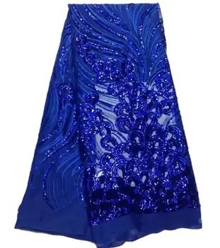 

New Arrival African Guipure Material Royal Blue / Black Nigeria French Lace Chemical Fabric High Quality Sequins Lace Fabric