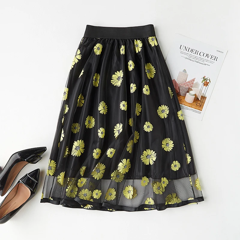 

Summer New Tulle Skirt Womens Mesh Flower Printed Tutu Skirt Elastic High Waist Pleated Long A-line Chiffon Midi Skirts 2019
