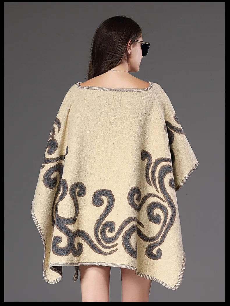 Размера плюс вязанное свободное женское пончо Осень зима свитер модный Повседневный рукав летучая мышь пуловер с принтом Женское пальто
