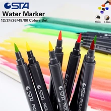 STA 80 Colors Water Brush Marker 24 36 48 Double Head Aquarelle Drawing Sketch Marker Brush Design Pen Colors Set Art Marker Set