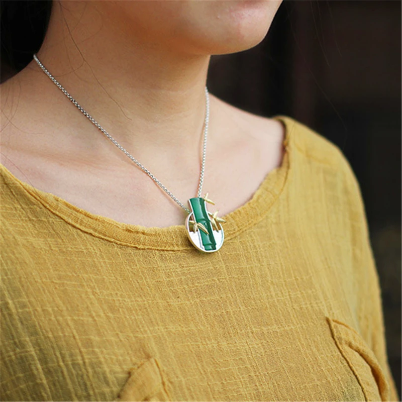 Lotus Fun Brand 925 Sterling Silver Pendant for Women Green Chalcedony Bamboo with Leaf Wall Pendant without Chain Fine Jewelry