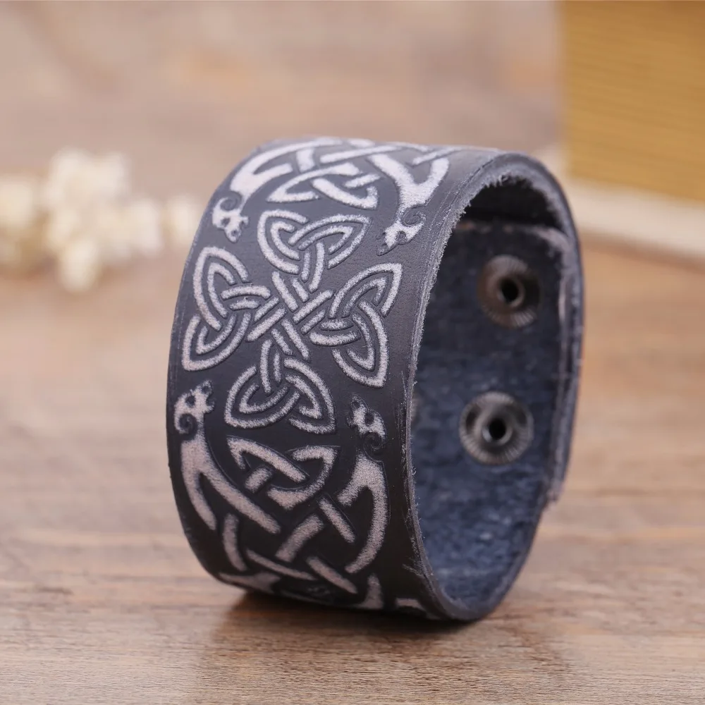 

Irish Knot Nordic Talisman Carving Seal Leather Wristband Cuff Wide Double Row Safety Clasp Men's Bracelets