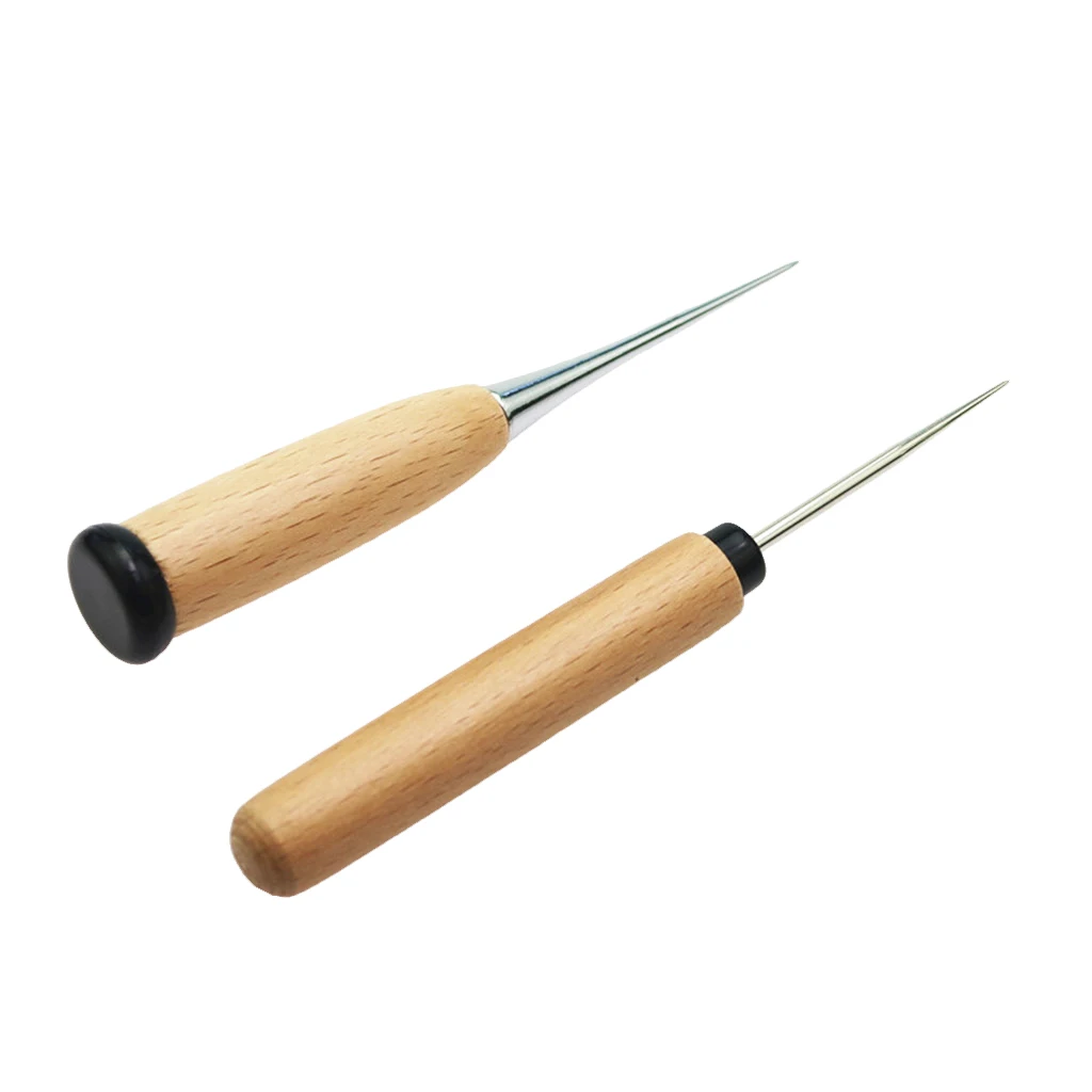 fityle 2Pcs Wooden Handle Leather Craft Awl Sewing Punching Hole Pin Stitching Tool