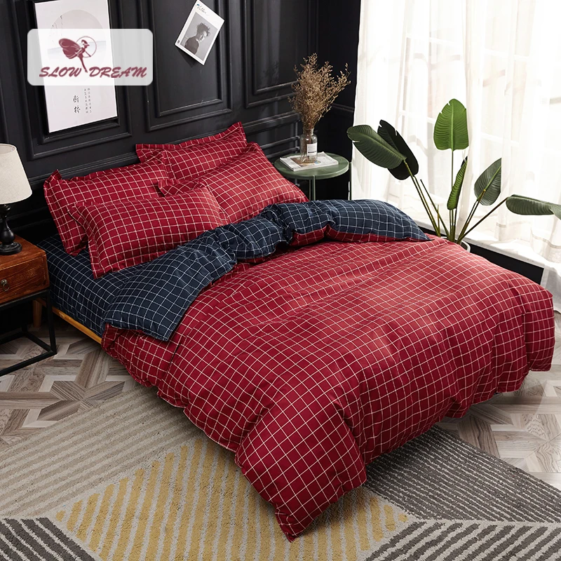 SlowDream Grid Bedding Set Home Decoration Bedspread Double Queen King