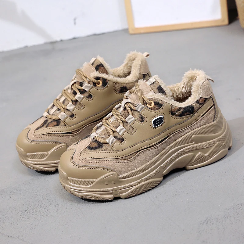 

Chowaring Brand High Heels Women Casual Shoes 2019 Autumn Winter Leopard Platform Shoes Lace-Up Fashion Women Sneakers With Fur