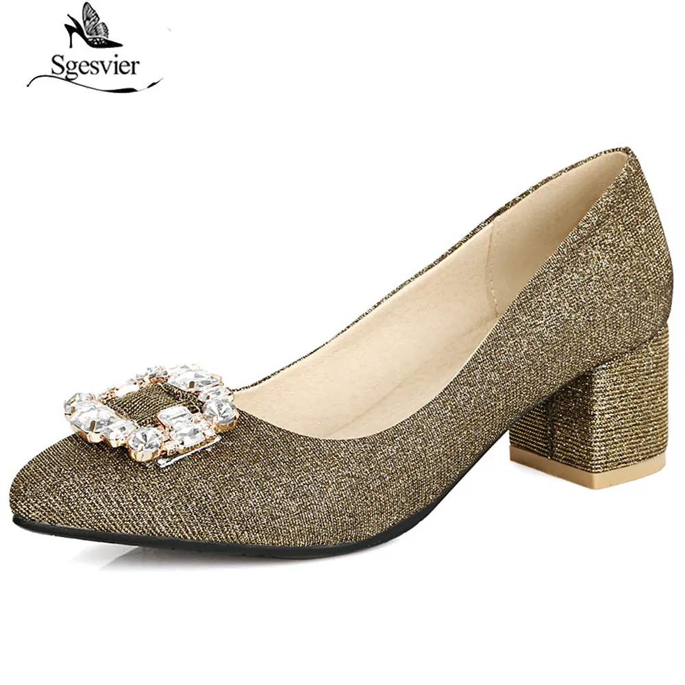 

Sgesvier New Women Pumps High heels Lady Sequins Cloth Thick with Spring Pointed Toe Single Shoes Female Big Size 34-45 B997