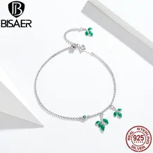 BISAER, подлинные, 925 пробы, серебряное дерево, листья, лист, женские браслеты на цепочке, зеленый кубический циркон, серебряные браслеты, ювелирные изделия EFB016