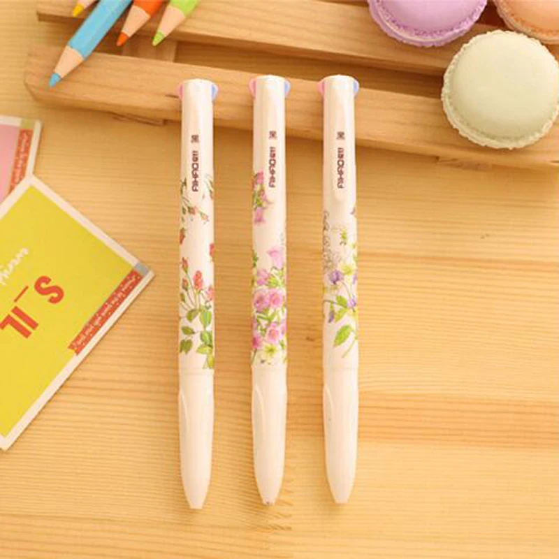 4 In 1 Colored Ballpoint Pen Floral Pens Kawaii Stationery Writing Pens 0.5mm Office School Supplies Ink Black Green Blue Red
