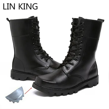 

LIN KING Fashion Black Men Motorcycle Boots Mid Calf Short Shoes High Top Combat Army Boots Steel Toe Puncture Proof Safety Shoe