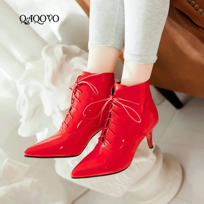 

2018 New Woman Shoes Fashion Lace Up Ankle Boots Sexy Pointed Toe Autumn Winter High Heels Boots Shoes Woman Size 34-43