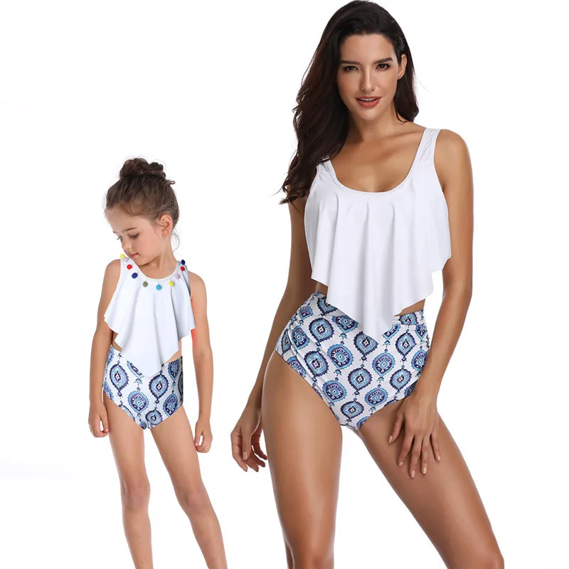 Mother Daughter matching Swimsuits Printing piece double lotus leaf Parent-Child Swimwear Family Matching Swimsuit Outfits