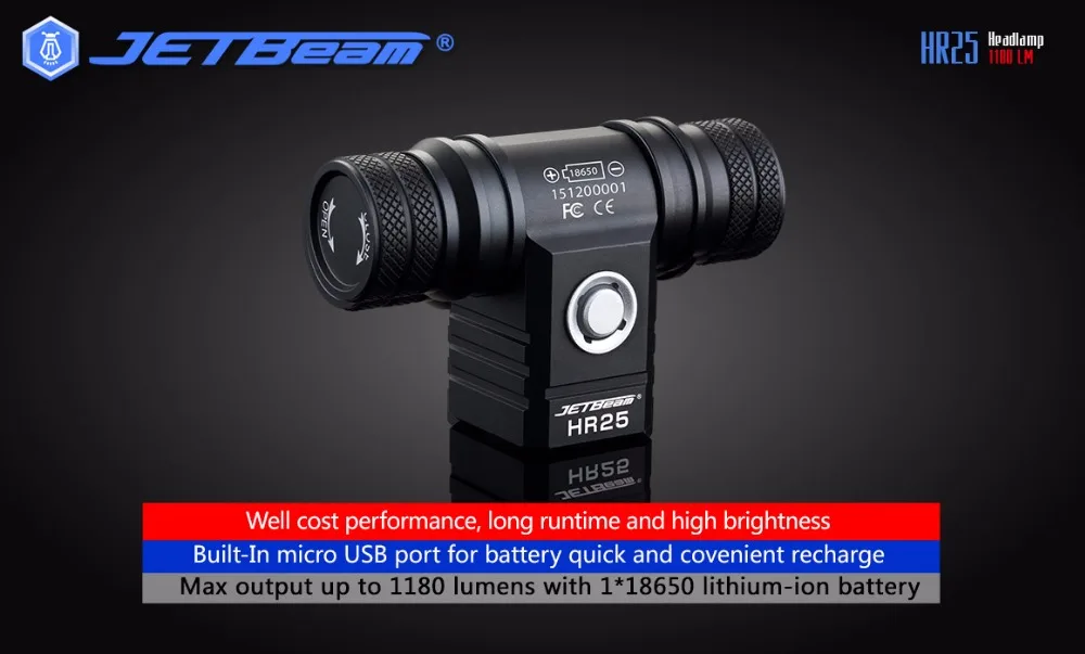 Уличный головной светильник JETBEAM HR25 CREE SST40 N4 BC светодиодный 1180 Люмен 18650 аккумулятор+ USB кабель для зарядного устройства