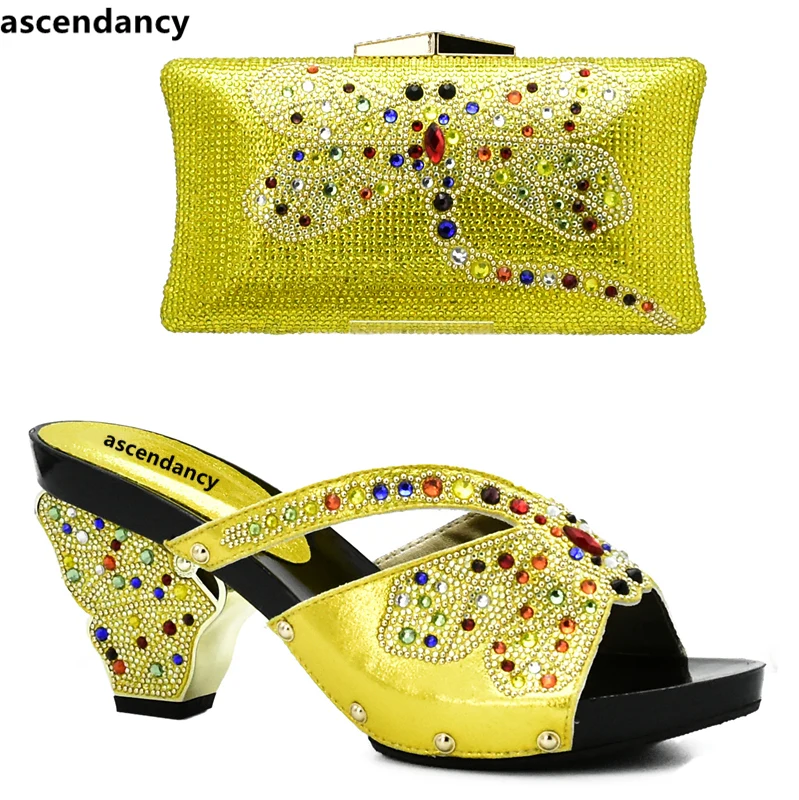 

New Arrival Yellow Color Italian Shoes and Bags for Women Matching Shoes and Bag Set In Heels Women Shoes and Bag Set In Italy