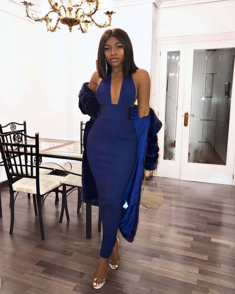 

Deavogy 2019 New Women halter V neck backless Sexy Party bandage Dress