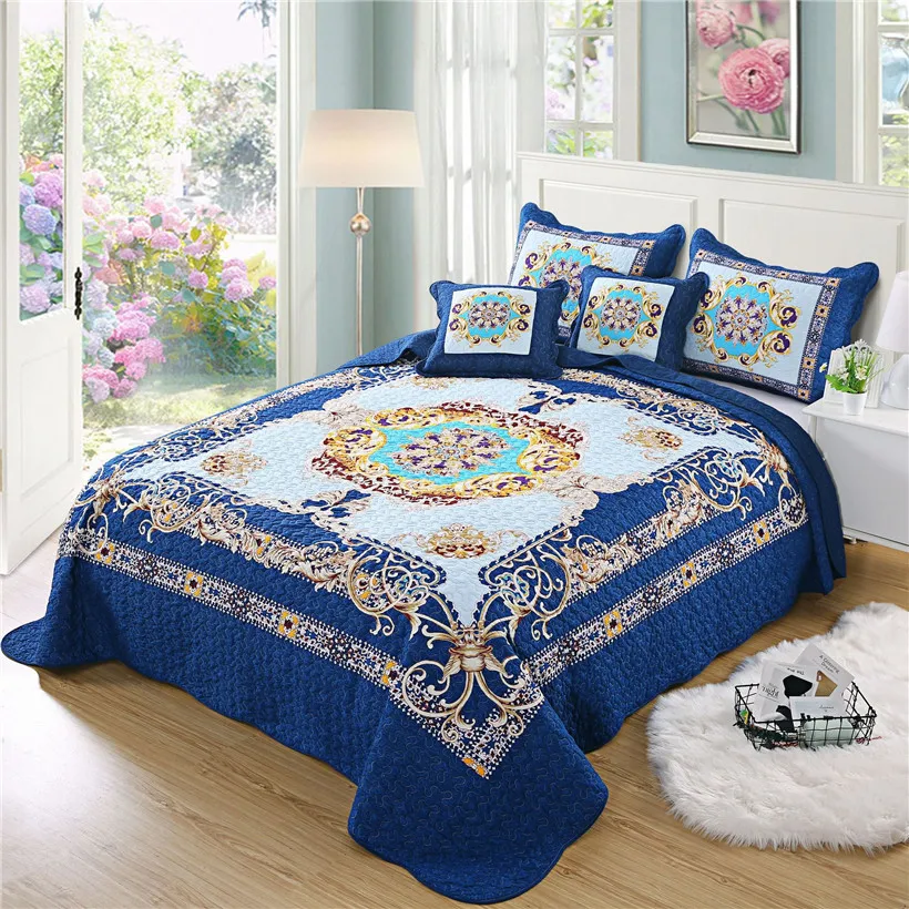 

Exquisite Durable Stitch 3Pcs Quilt Sets Classic Elegant Style Mandela Blue color 100% Cotton Ultra Soft Bedspread Queen size