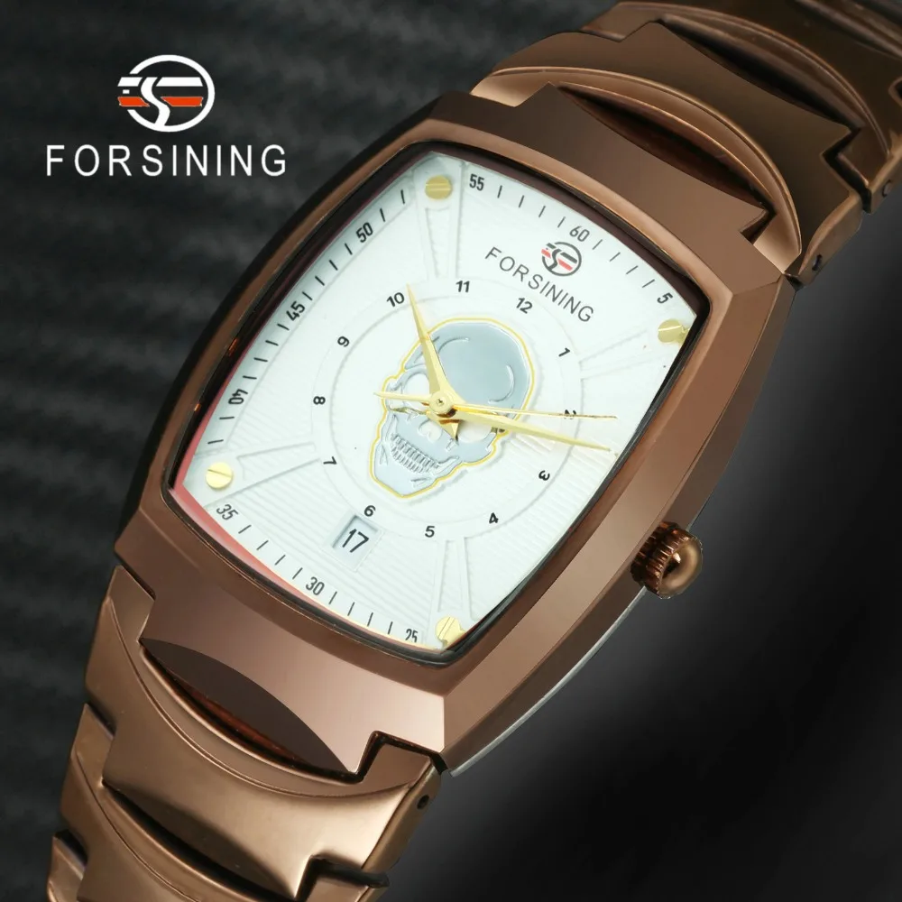 

FORSINING Top Brand Luxury Concise Vogue Mechanical Watches RG Metal Strap Skull Unique Design Calendar Date Wrist Watch Men
