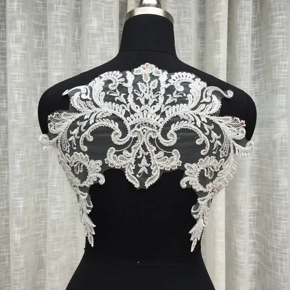 

1 pc Exquisite 3D Beaded bridal bodice lace applique with silver thread , wedding gown back applique lace motif bridal gown veil