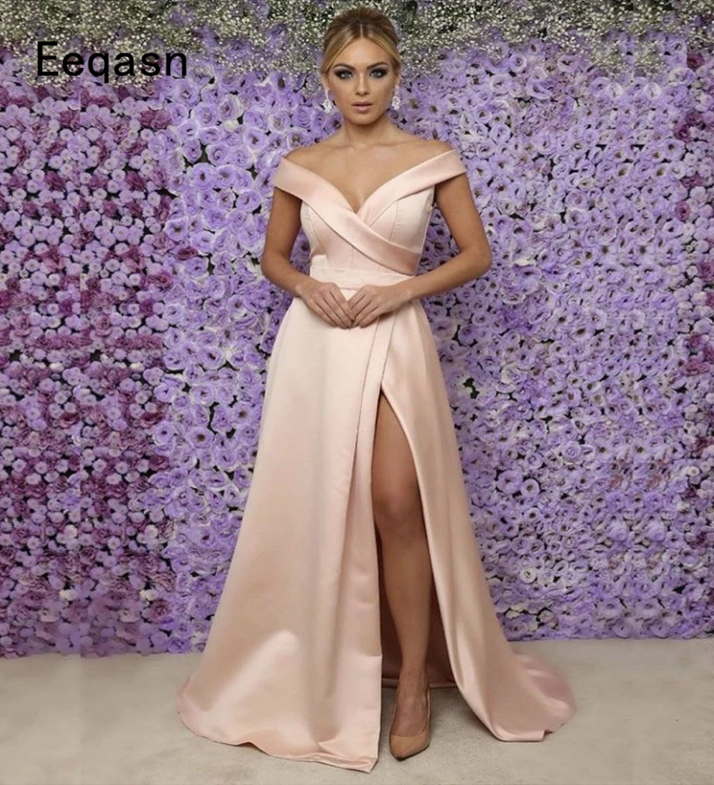 

Elegant Evening Dresses Long 2018 Satin Off Shoulder V Neck Slit African Formal Evening Gown Prom Dress Abendkleider Plus Size