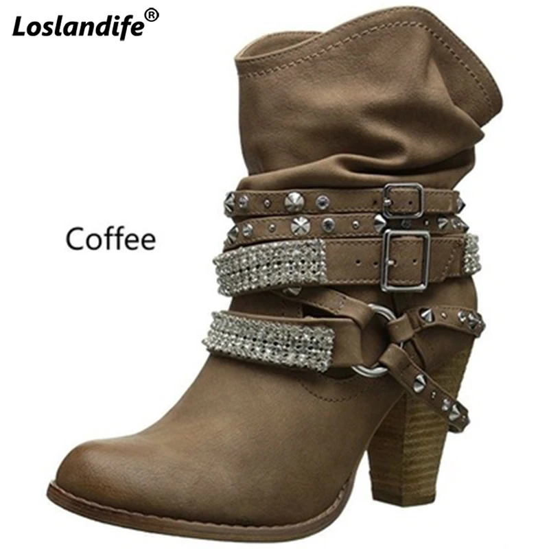 

Booties woman 2018 thick high heels belt buckle women's winter boots round head large size female shoes rivet rhinestone boots