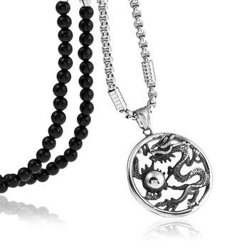 

Mens Gothic Lucky Chinese zodiac Dragon Amulet Stainless Steel Pendant Necklace with Black Natural Stone Chain 26"