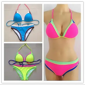 

Bikini Set 2019 Patch Work Multicolor Swimsuit Women Halter Bandage Swimwear Padded Swimming Suit New Sexy Beachwear Biquinis