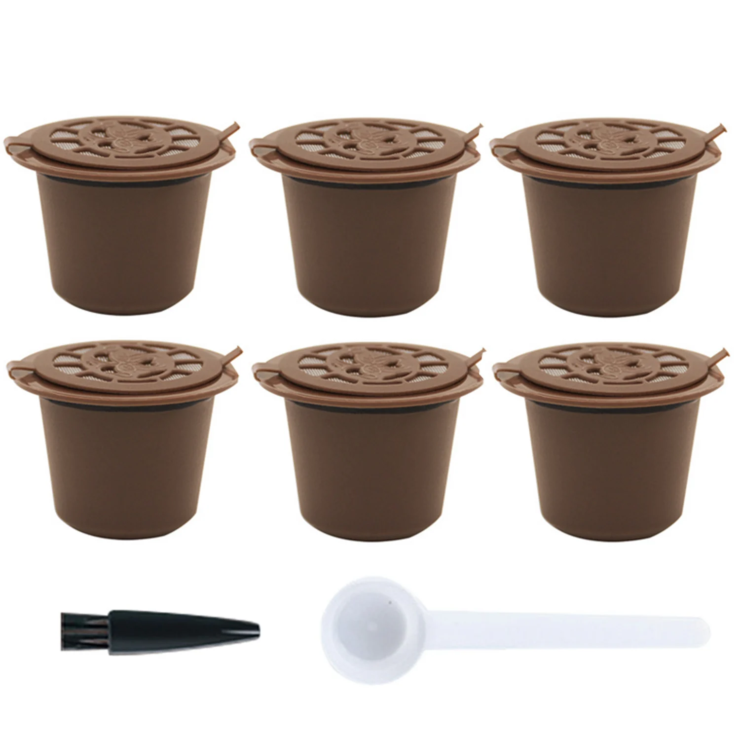 Behogar 6 шт. многоразовый фильтр для капсул с ложкой и кисточкой для кофемашины Nespresso, капсула для кофе Nespresso - Цвет: Brown