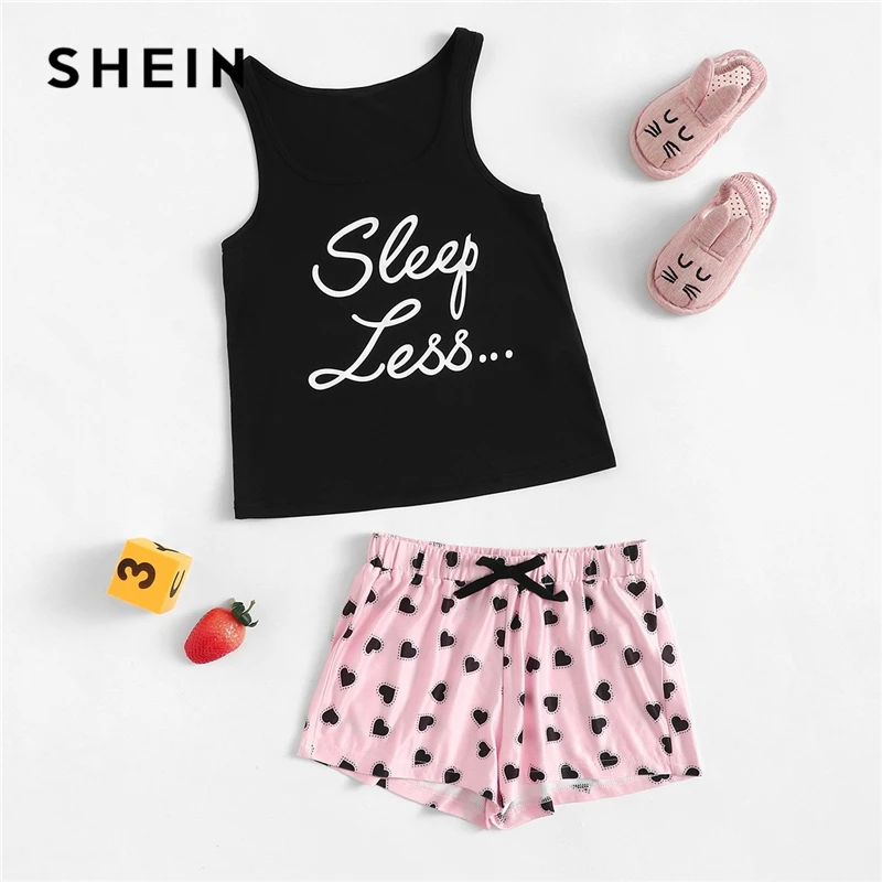 SHEIN Bow Letter Print Tank And Shorts Girls Sleepwear Kids Pajamas 2019 Sleeveless Casual Pajamas For Girls Pajama Set