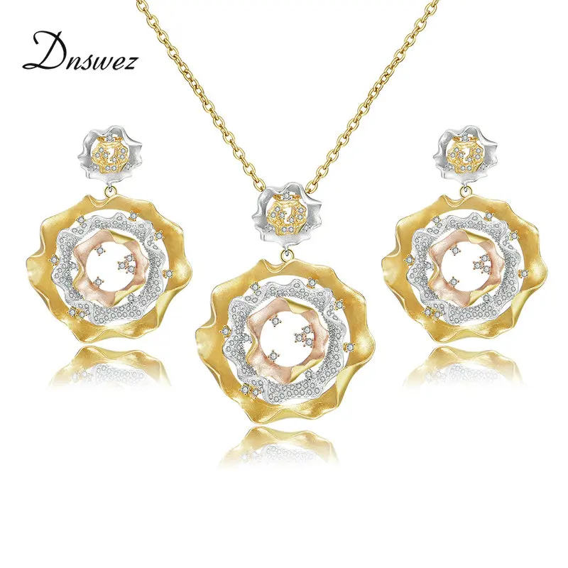 

Dnswez Three Tone Gold Luxury Wedding Necklace Earrings Set Silver Yellow Rose Gold Flower Jewelry Sets Women Lovers Party Gifts