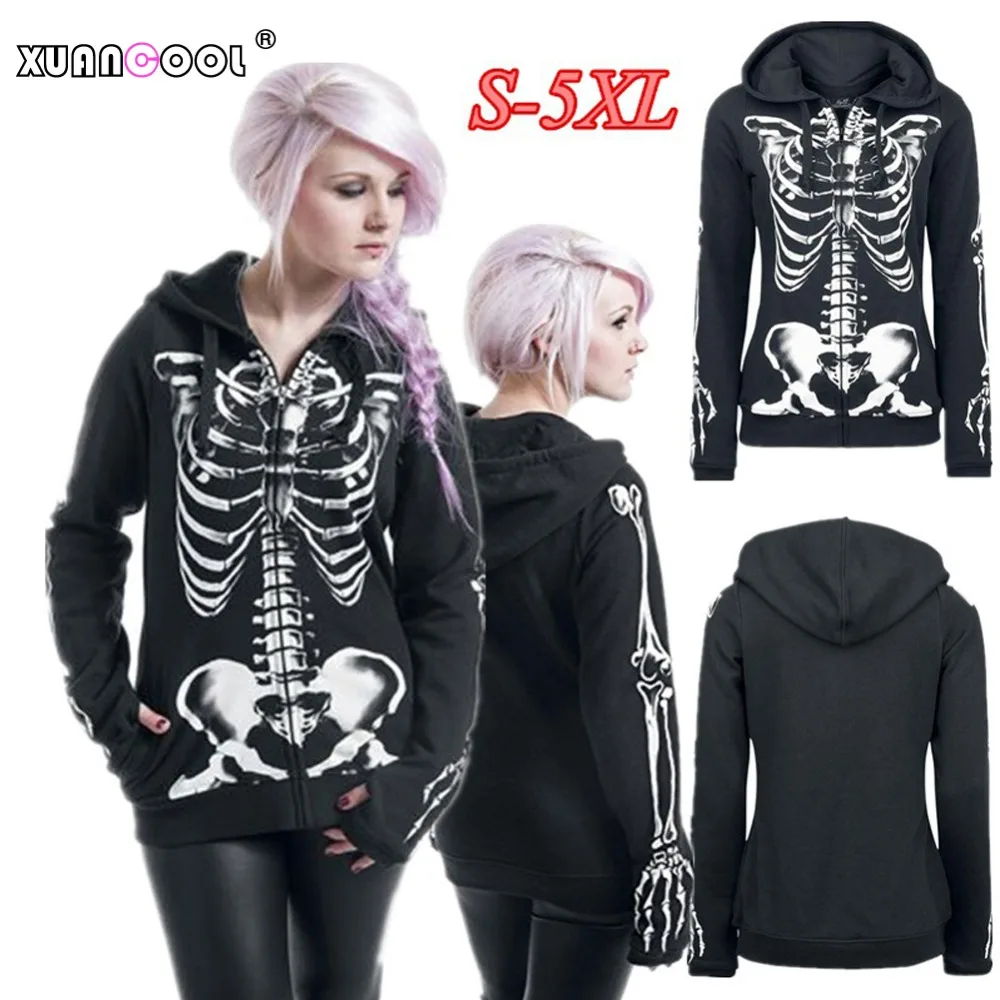  Coat Women 2018 Autumn Winter Long Sleeve Graphic Skeleton Skull Print Harajuku Hooded Sweatshirts 