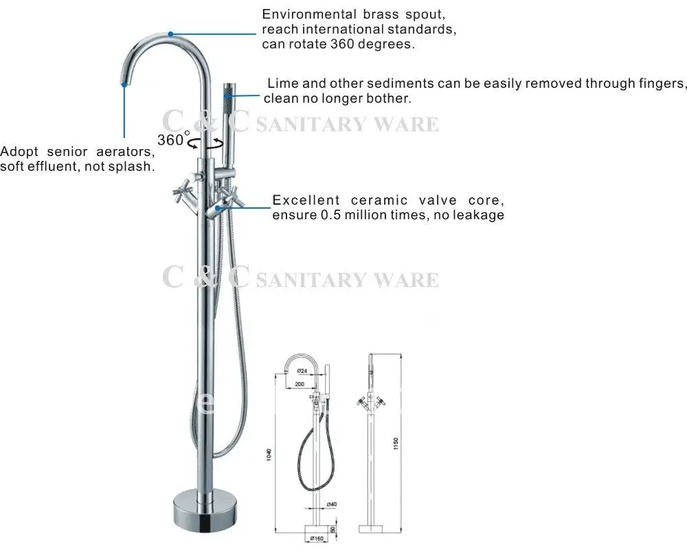 Bathroom Chrome Floor Standing Faucet Bath And Shower Mixer Brass