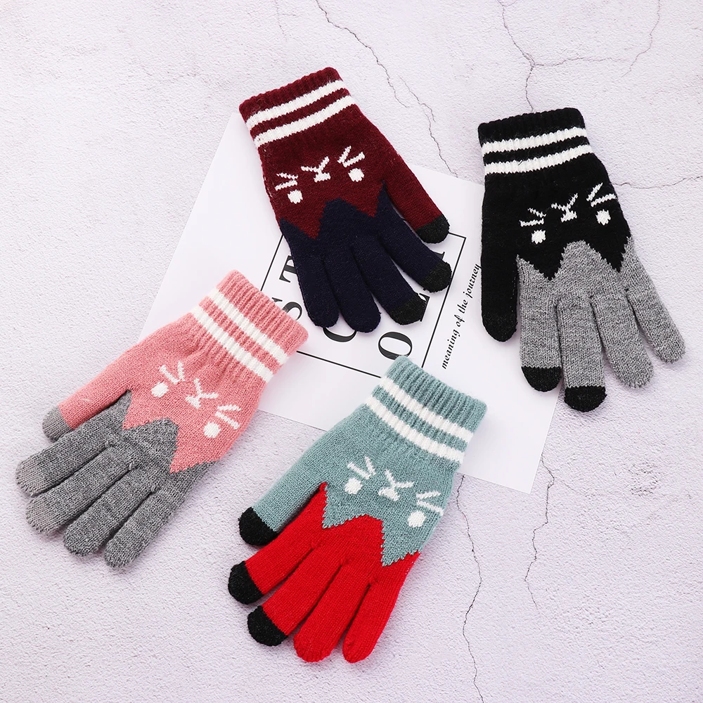 Зимние модные перчатки с сенсорным экраном для женщин и девушек, милые шерстяные вязаные рукавицы с рисунком кота для девочек на Рождество