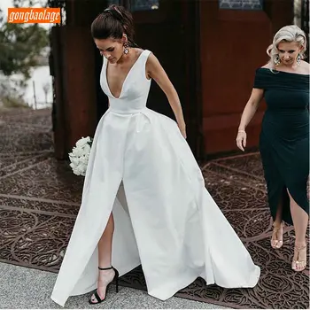 

Sexy White Satin V-neck Wedding Dresses Custom Made 2020 Ivory Sleeveless Wedding Gowns Side Slit Beach Bridal Dresses Simple