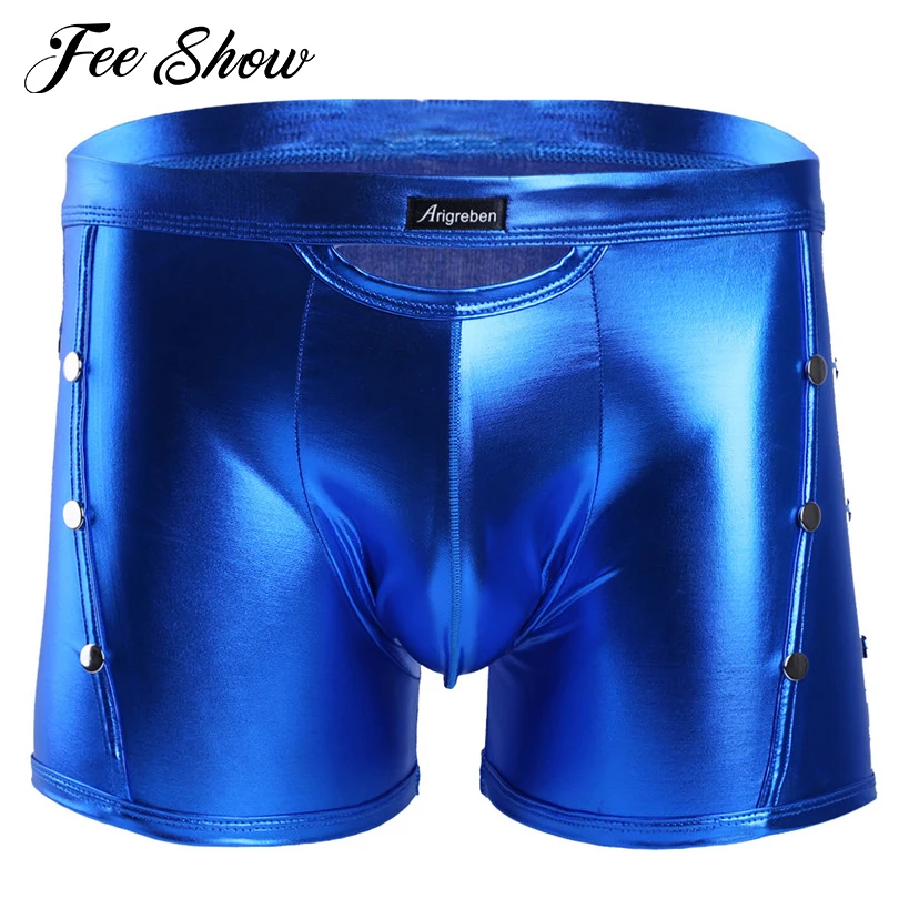 Sexy Men Lingerie Patent Leather Boxer Shorts Underwear with Rivets