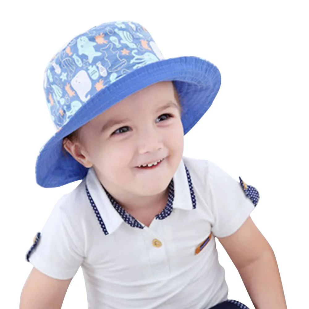 1Octopus Baby Boys Sun Bucket Hat Reversible Fisherman's Basin Cap Cotton Breathable Bonnet with Chinstrap and Marine Animal Pattern