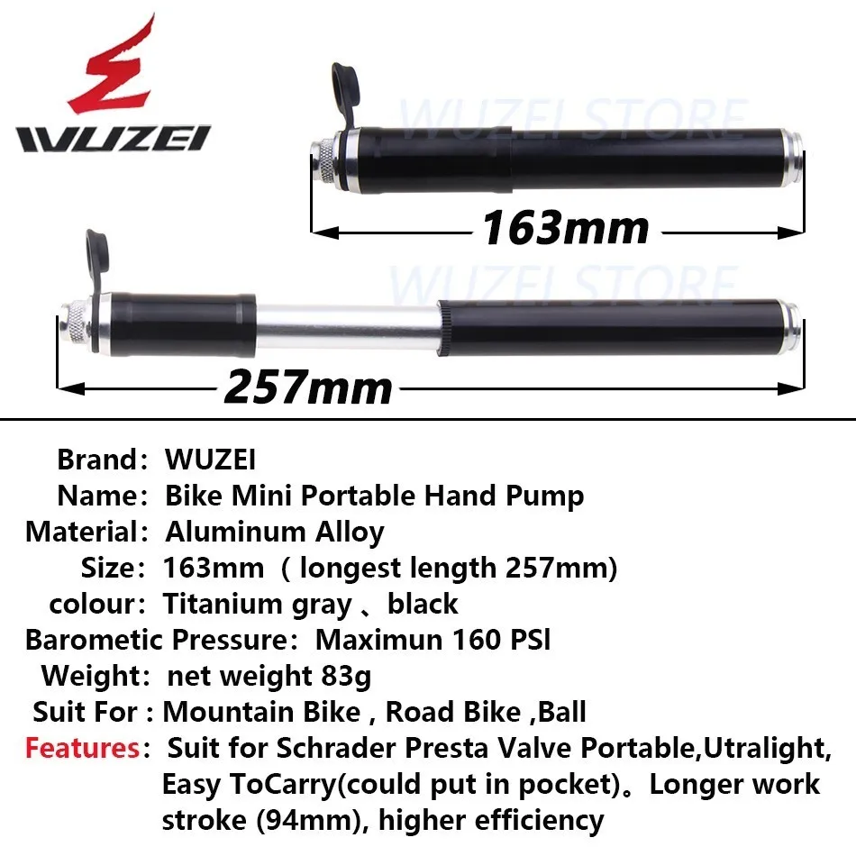 WUZEI портативный мини велосипедный насос 160 фунтов/кв. дюйм высокого давления дорожный велосипедный ручной воздушный насос шариковый насос для шин MTB горный велосипед насос 83 г